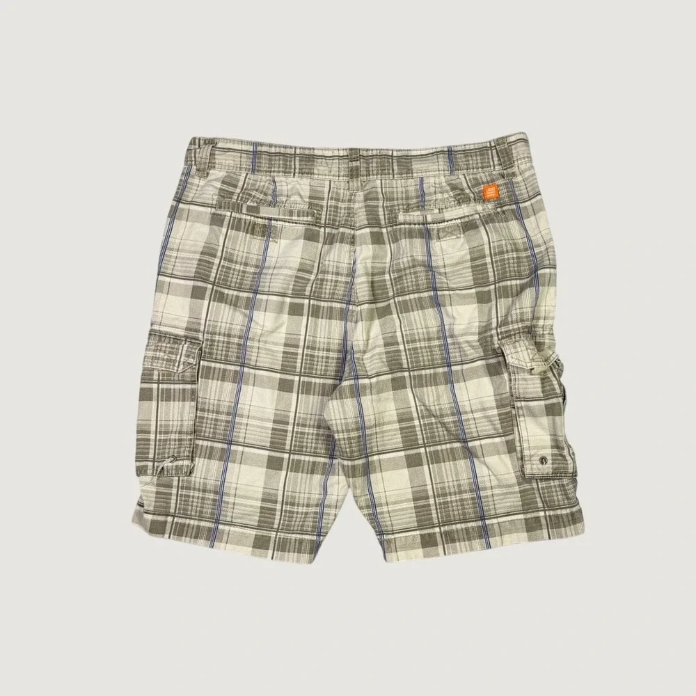 Lazer/Co Mens Plaid Cargo Shorts Size 38 Tan Blue Utility Workwear Casual